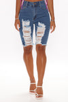 Distressed About It Denim Knee Shorts - Medium Blue Wash