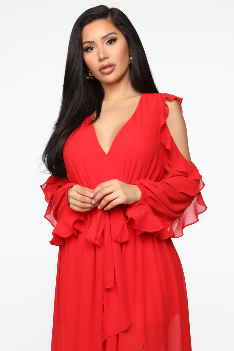 red ruffle dress maxi