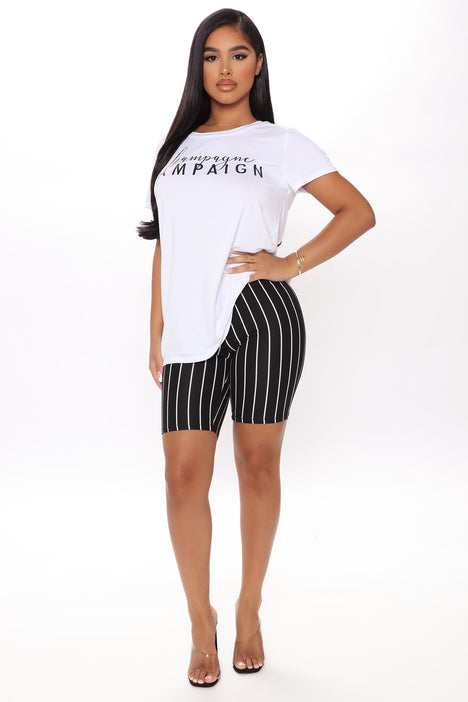 black and white striped biker shorts