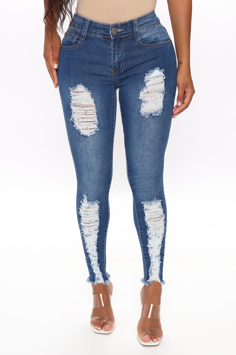 Alisha Distressed Mid Rise Skinny Jeans - Medium Blue Wash, Jeans ...