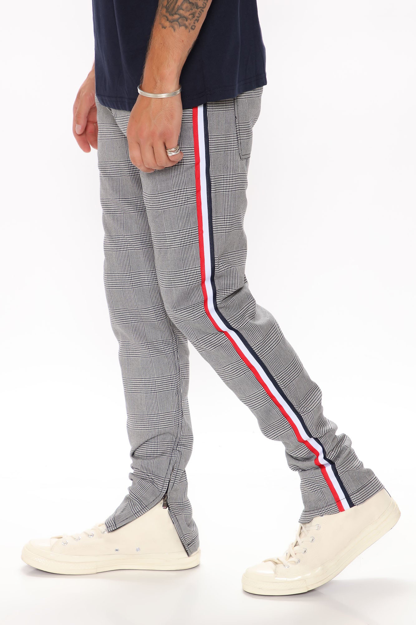 black joggers with white drawstring