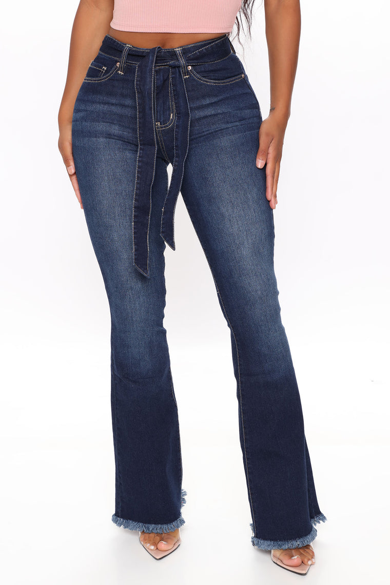 belted flare jeans