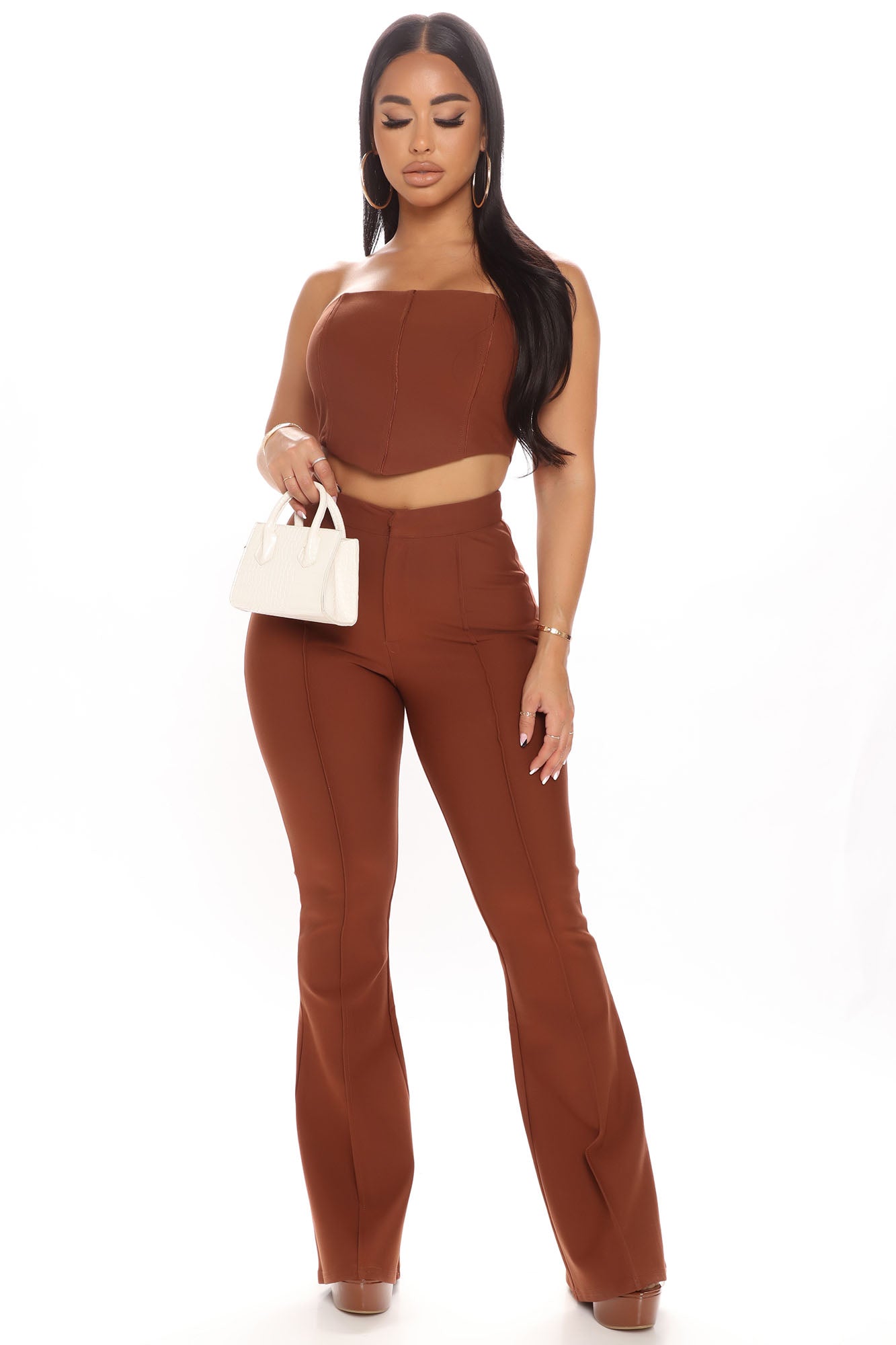 Chocolate Knitted Rib Plunge Strappy Crop Top - Carlee 10