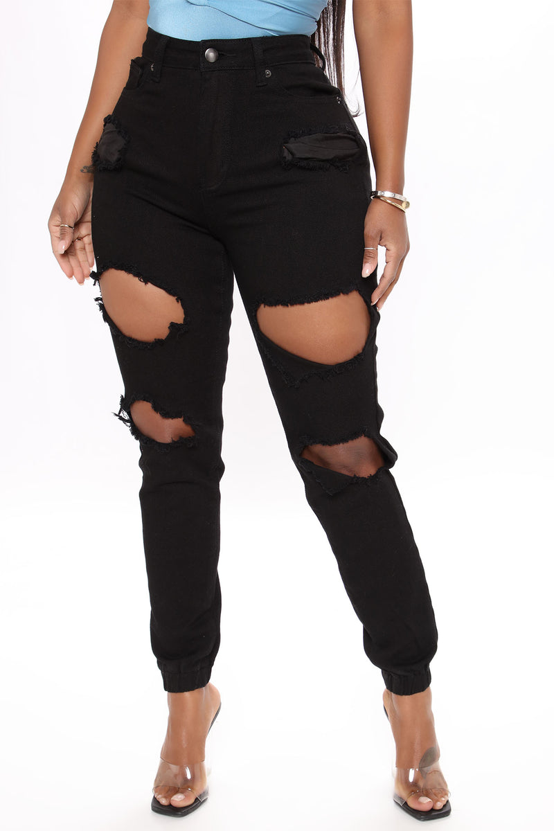 Tara Distressed Denim Joggers - Black, Jeans | Fashion Nova