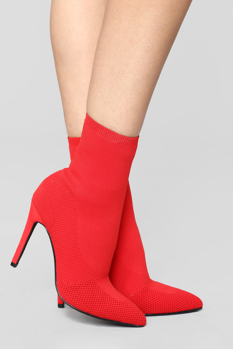 I'm In Knit Heeled Booties - Red, Shoes 