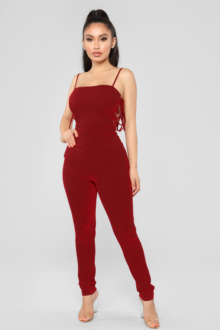 Jealous Of Her Lace Up Jumpsuit - Wine - Jumpsuits - Fashion Nova