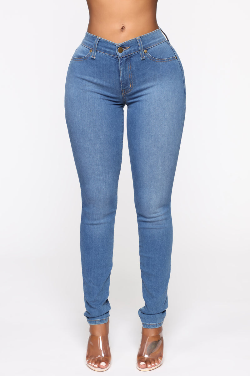 Flex Game Strong Mid Rise Skinny Jeans - Medium Blue Wash, Jeans ...