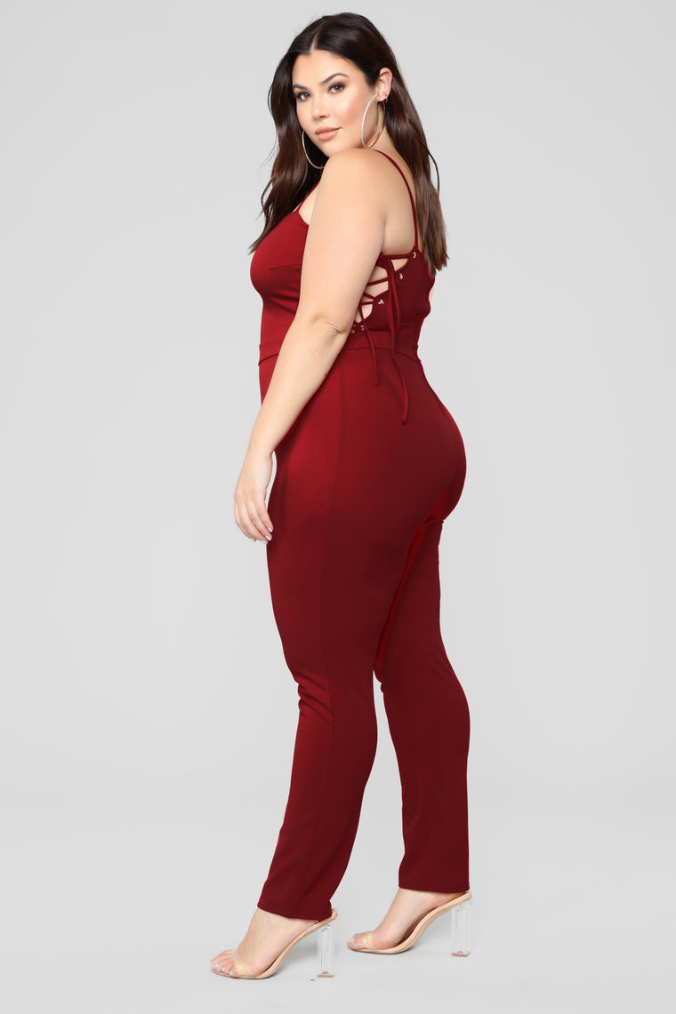 Jealous Of Her Lace Up Jumpsuit - Wine - Jumpsuits - Fashion Nova