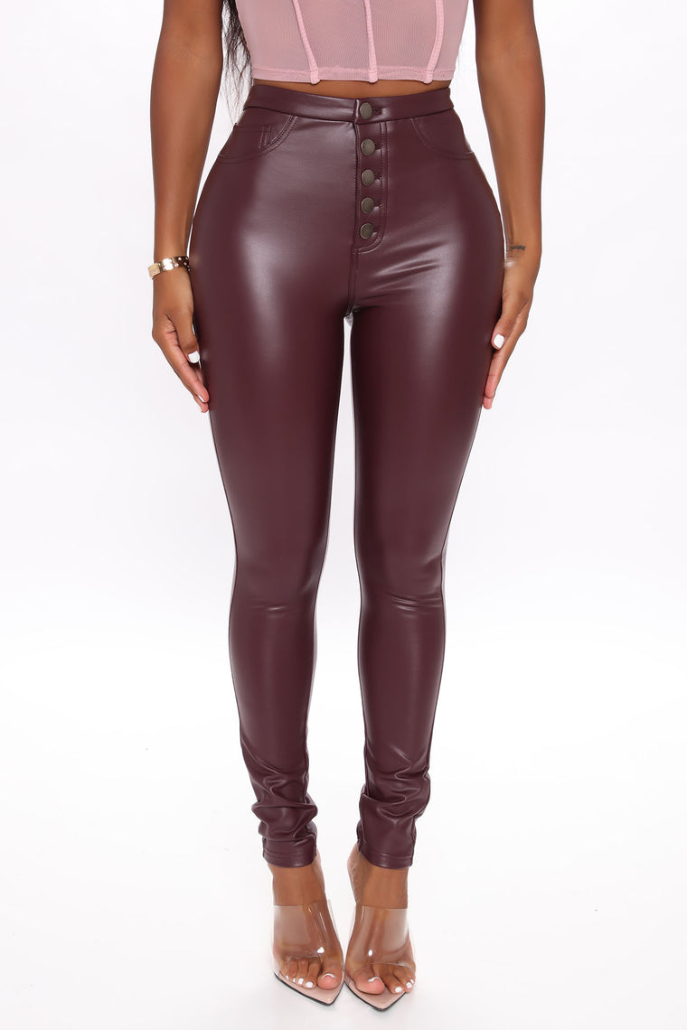 maroon leather pants outfit