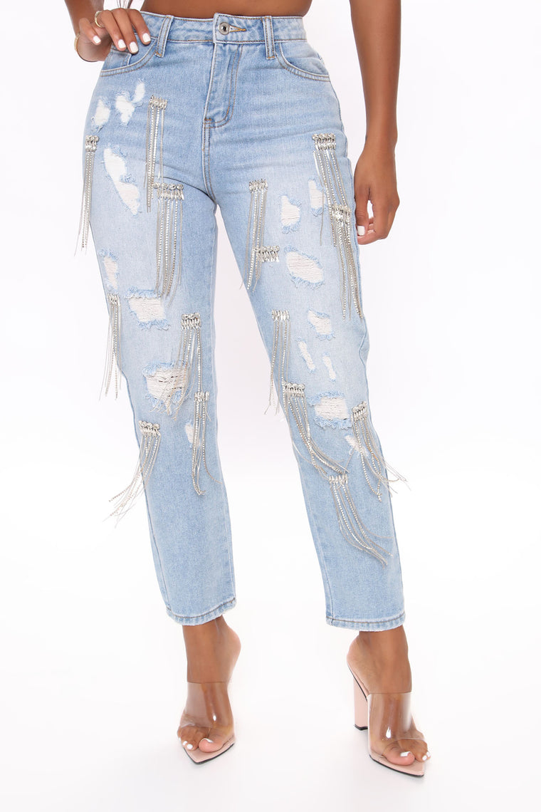 diamante crystal fringe mom jeans