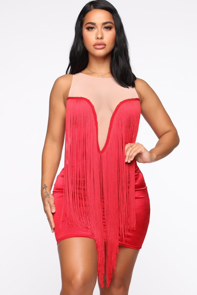 red fringe mini dress