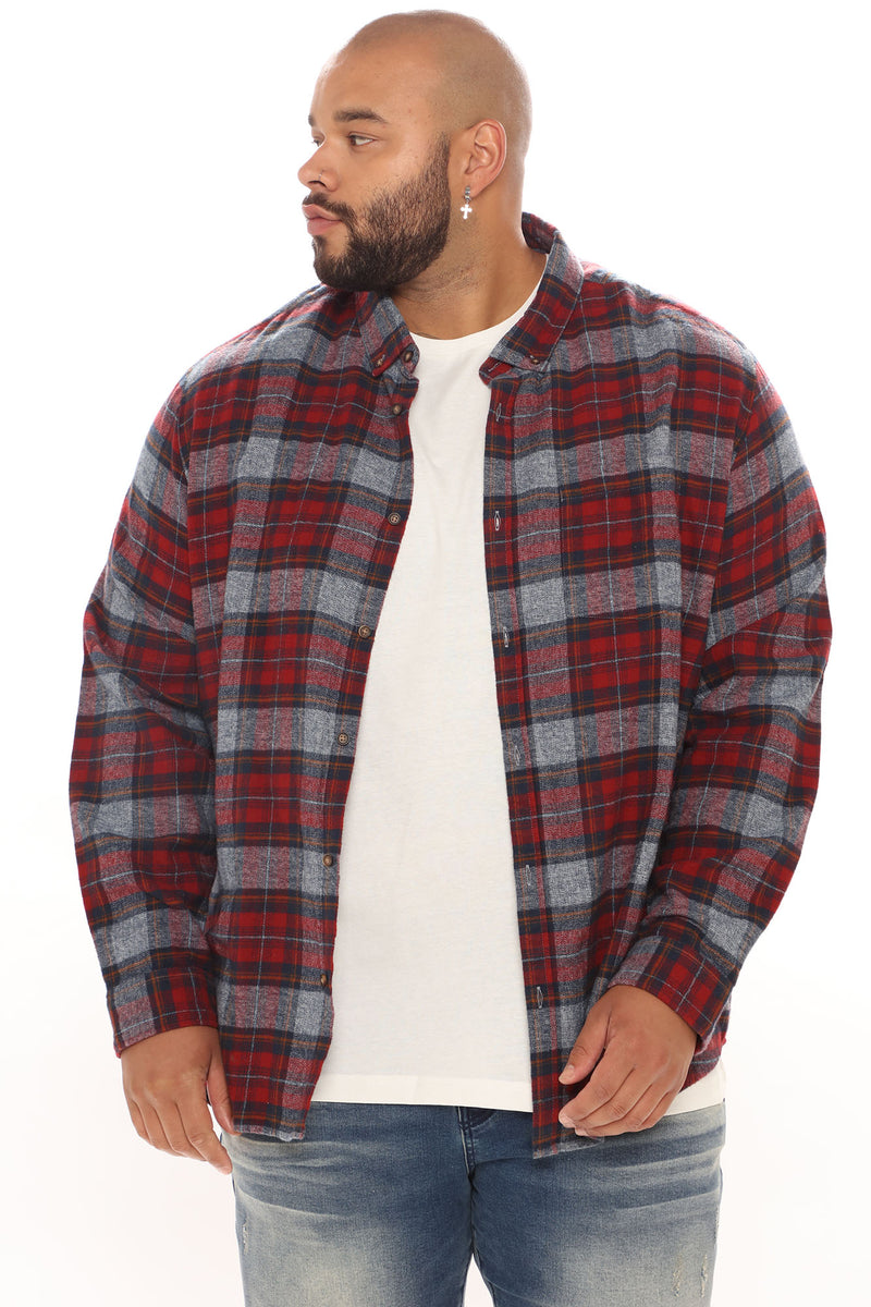 Cold One Long Sleeve Flannel Shirt - Red/combo | Fashion Nova, Mens ...