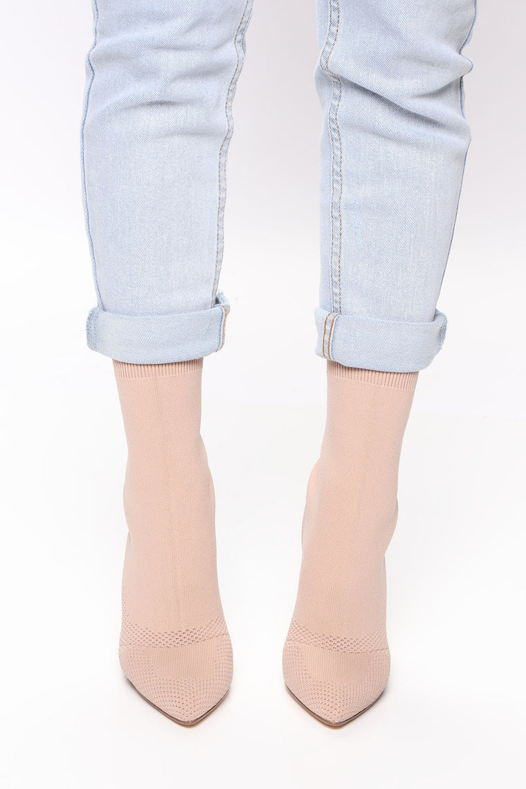 In Knit Heeled Booties - Nude, Shoes 