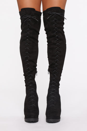 flat tie back thigh high boots