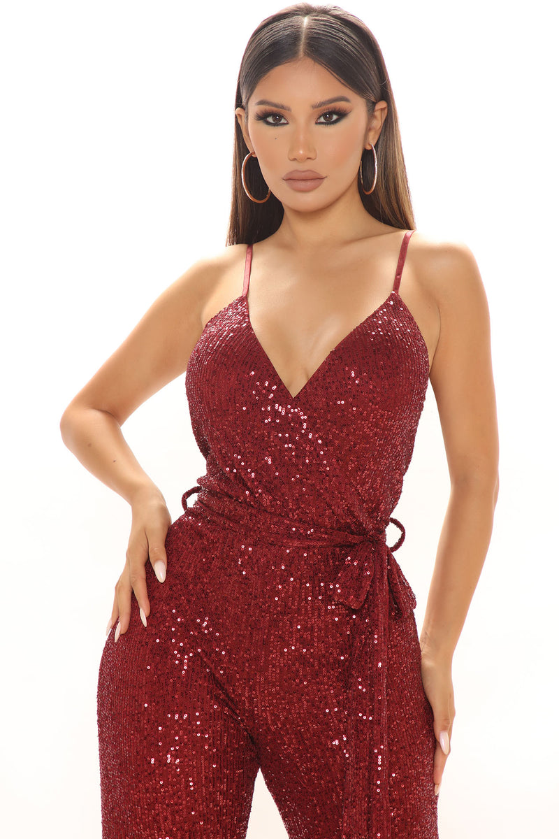 Cant Hide The Shine Sequin Jumpsuit Burgundy Fashion Nova 