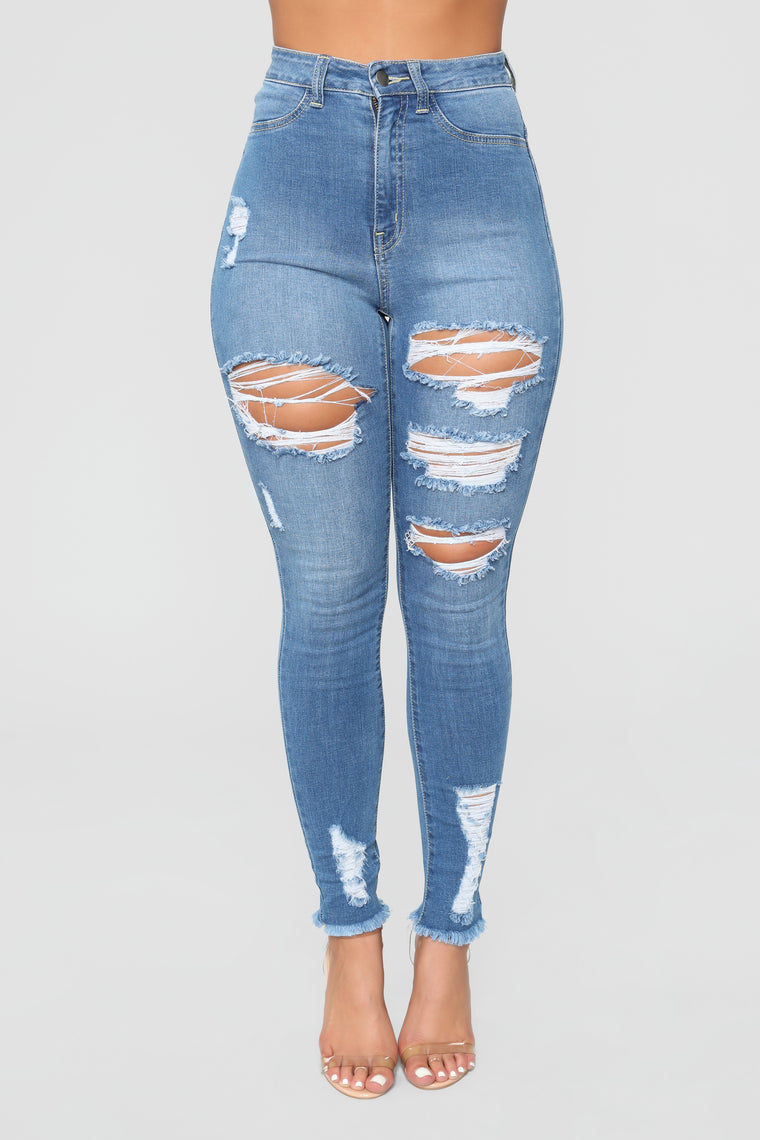 high rise destroyed jeans