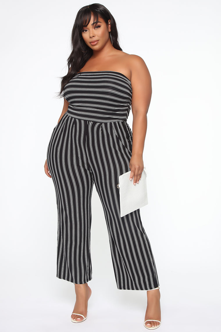 black and white strapless jumpsuit