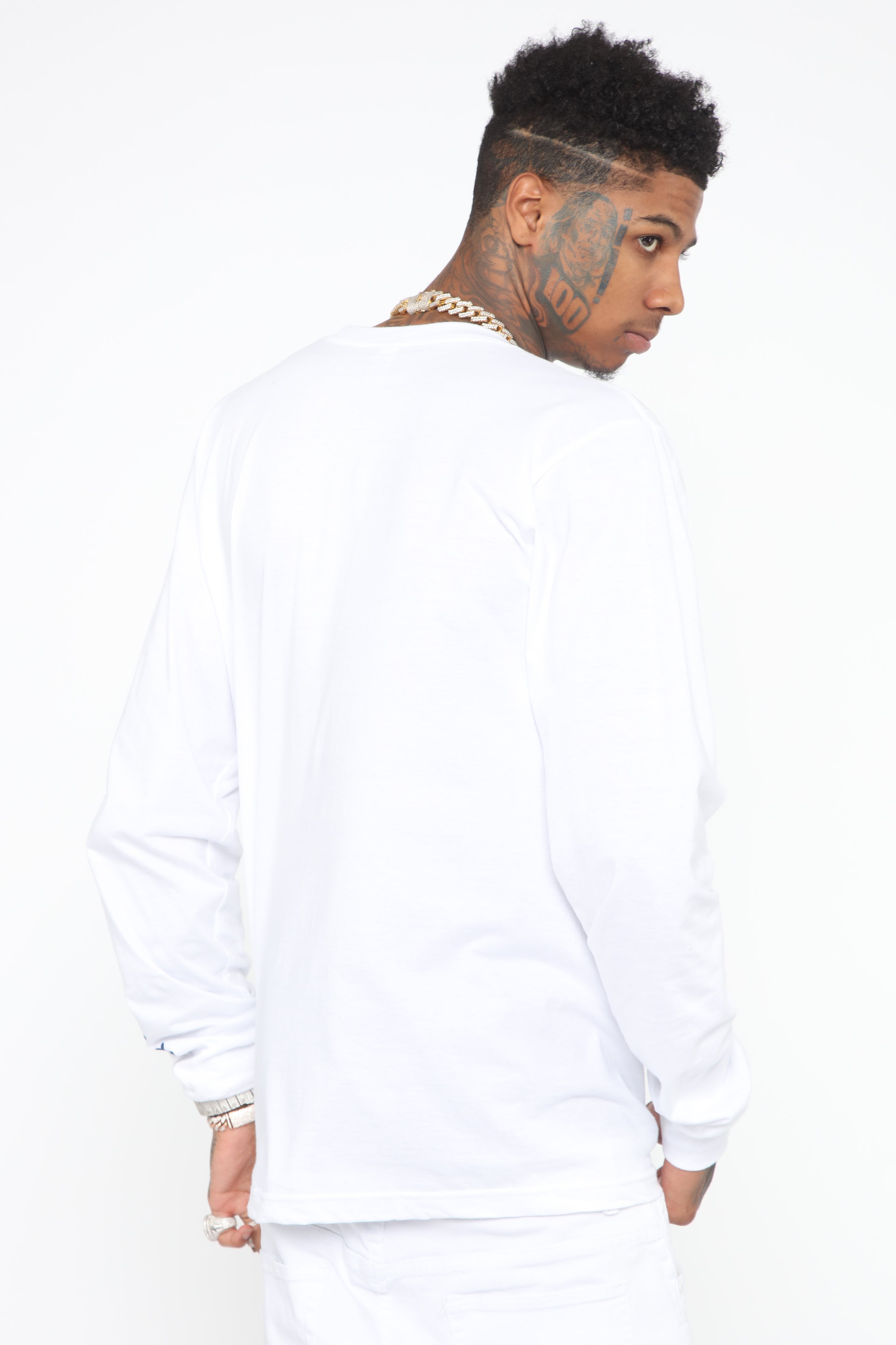 Blueface Money Long Sleeve Tee - White/Blue – Fashion Nova