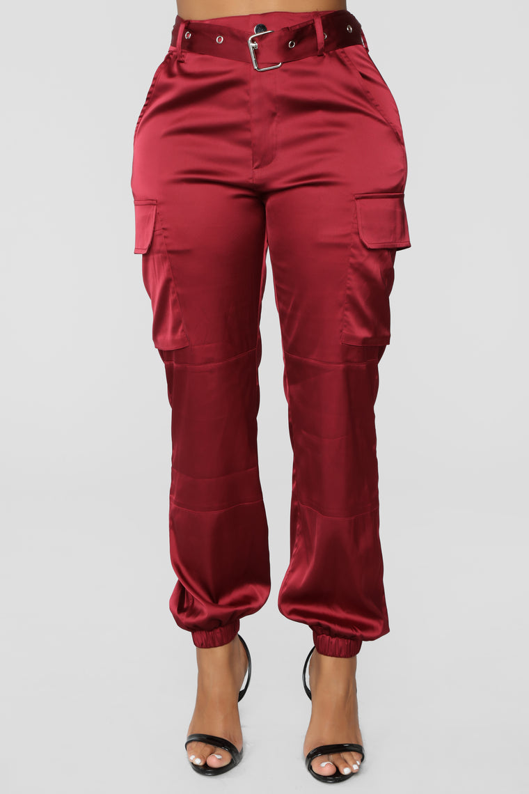 red satin cargo pants