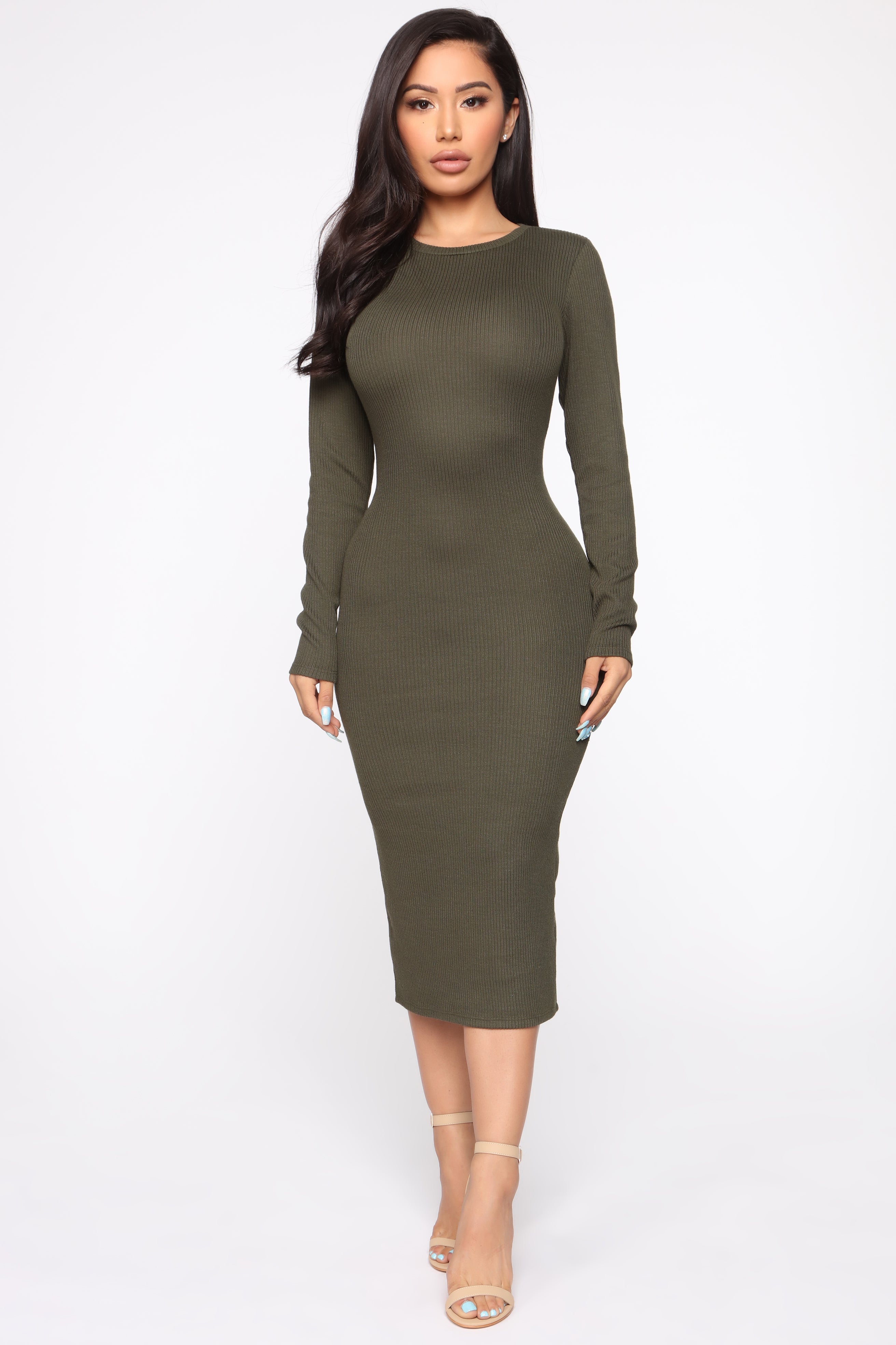 Rameena Long Sleeve Midi Dress - Olive – Fashion Nova