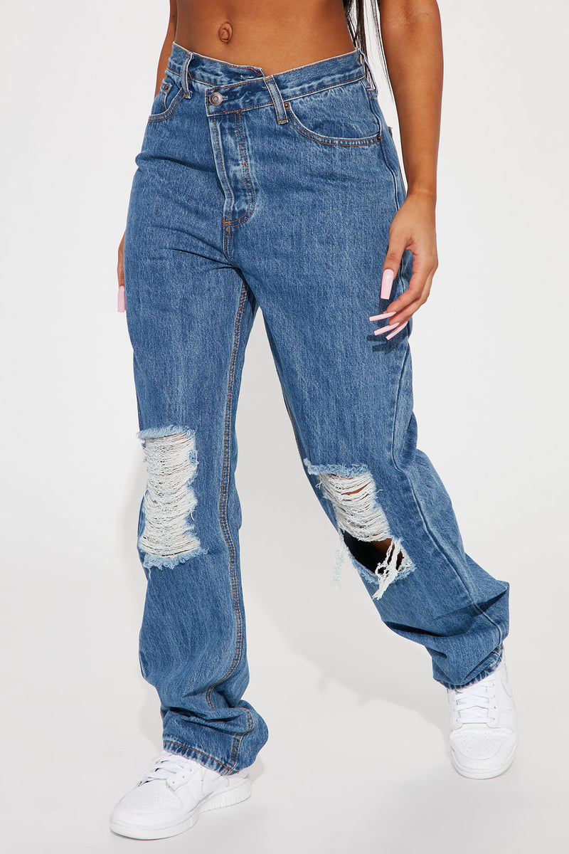 Distressed Crossover Straight Leg Jeans - Medium Blue Wash | Fashion ...