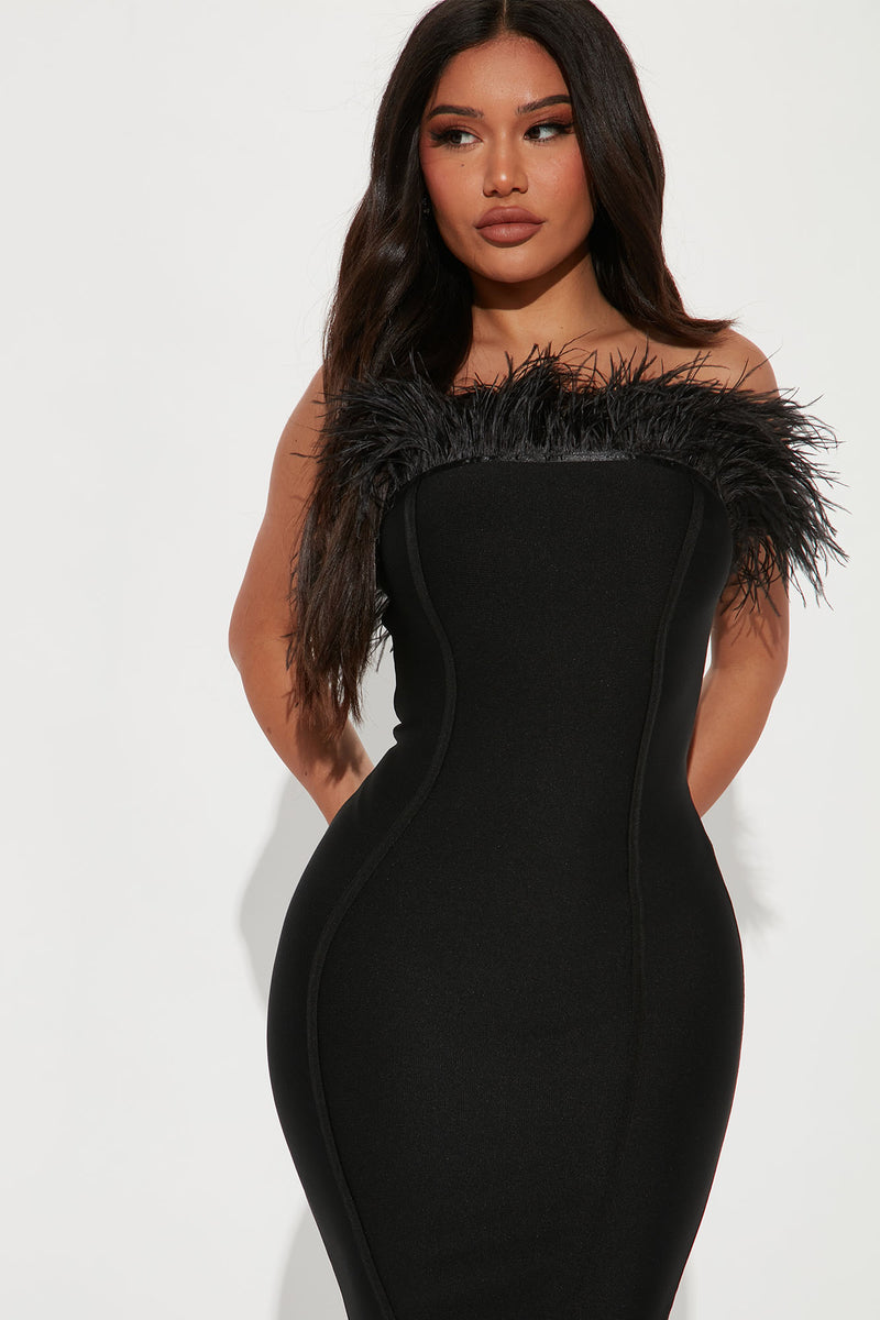 Serena Bandage Feather Midi Dress - Black | Fashion Nova, Dresses ...