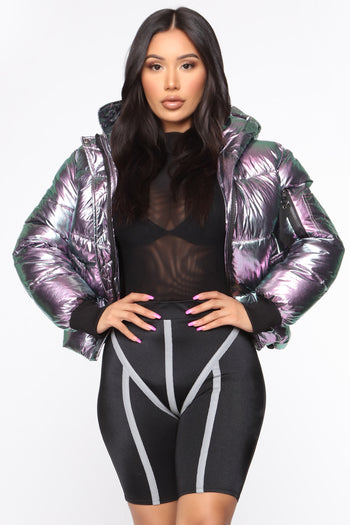 Shimmery Metallic Puffer Jacket - Silver-colored - Ladies
