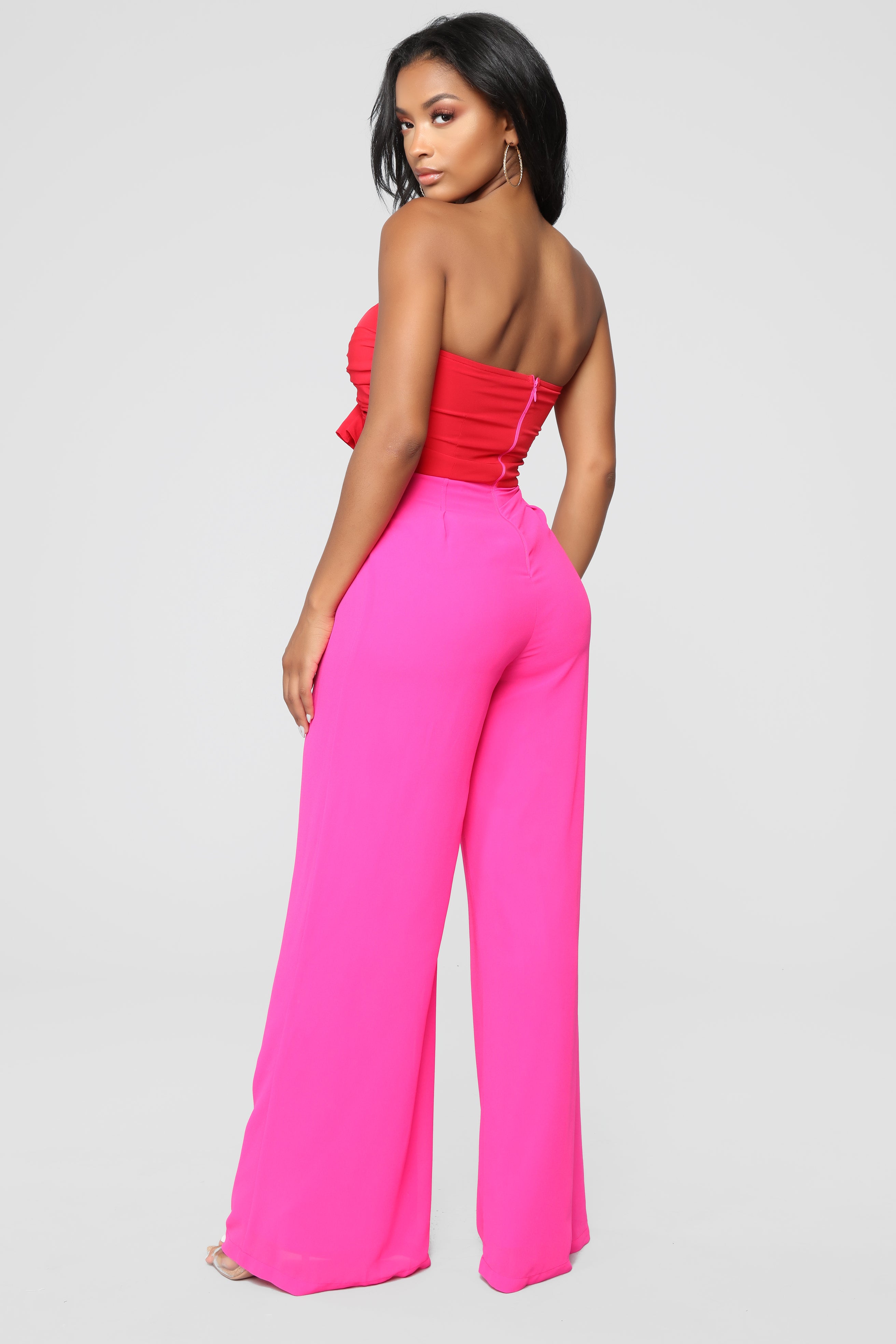 red and pink jumpsuit