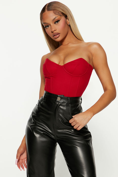 Red Lace Trim Satin Corset, Tops