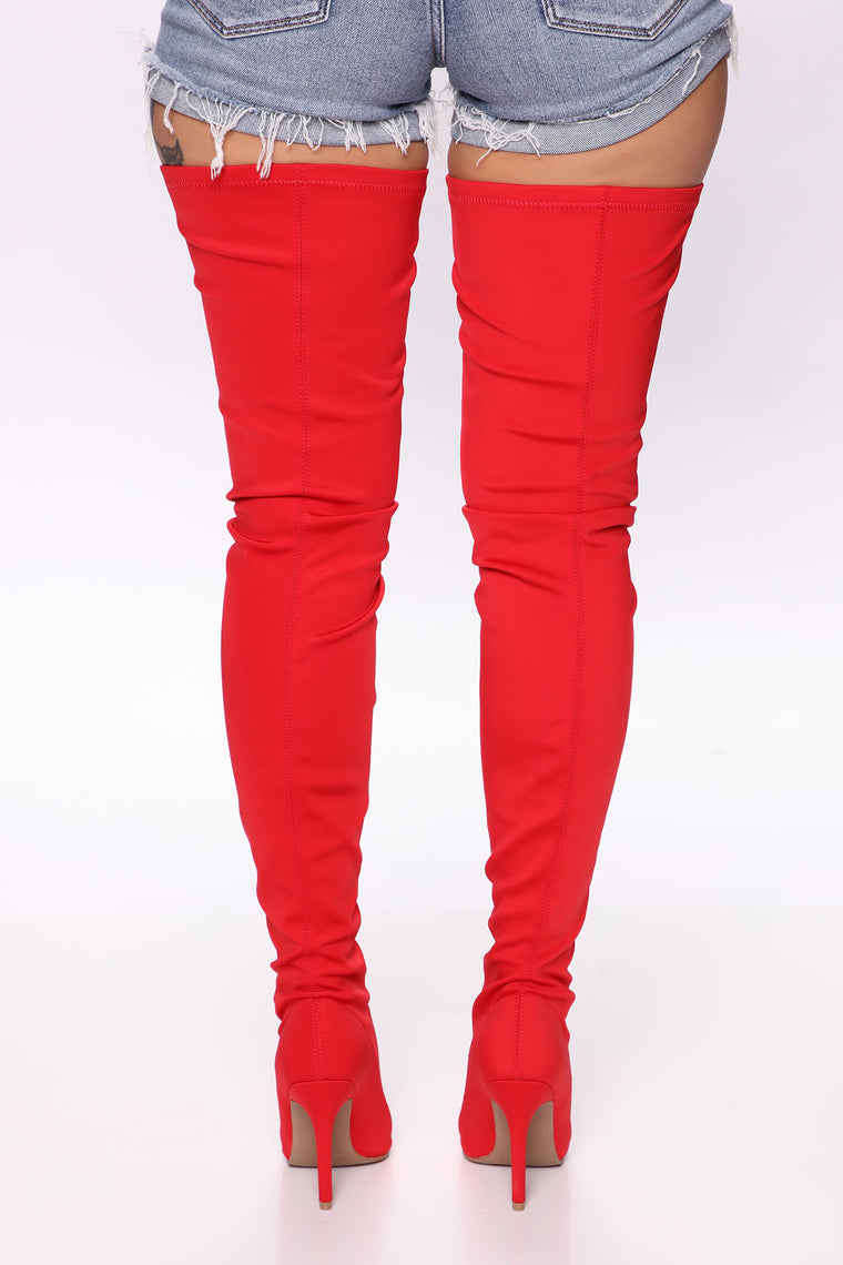 red denim thigh high boots