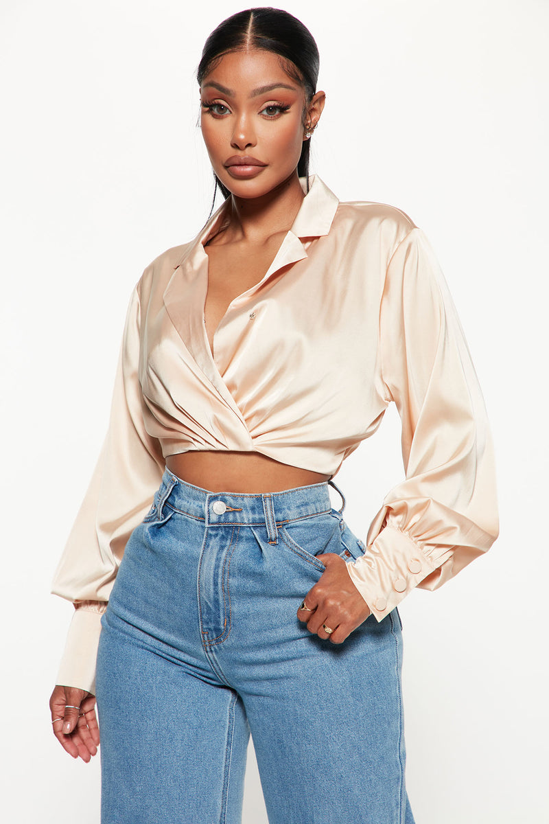 Kalina Cropped Satin Top - Taupe | Fashion Nova, Shirts & Blouses ...