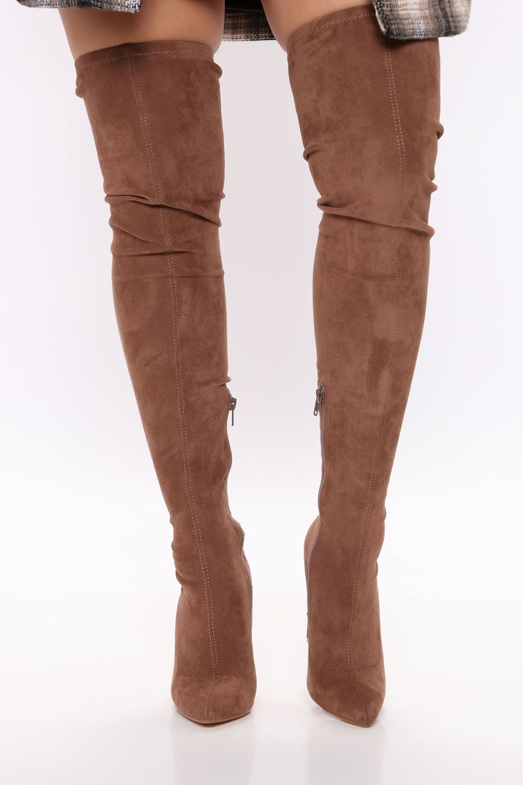 over the knee taupe boots outfit