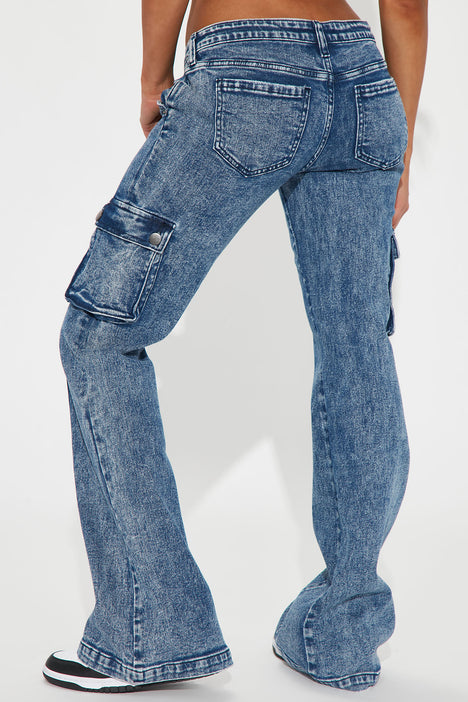 Y2K Low Rise Cargo Flare Jeans - Acid Wash Blue | Fashion Nova