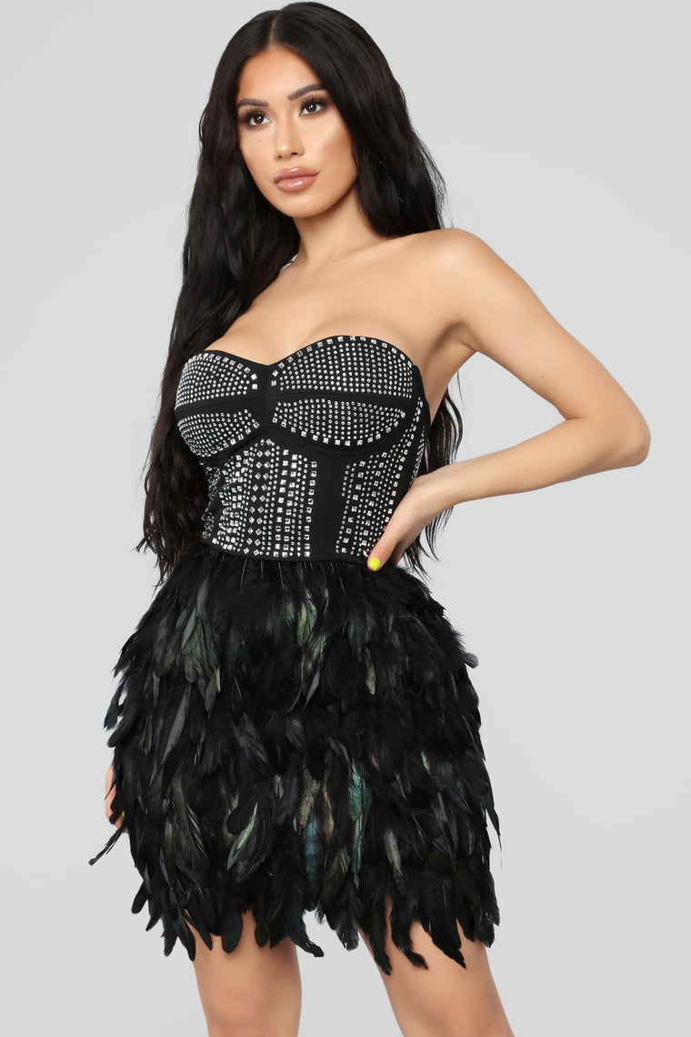 long black feather dress