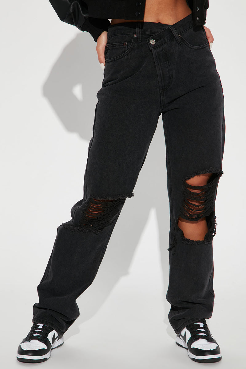 Distressed Crossover Straight Leg Jeans - Black | Fashion Nova, Jeans ...