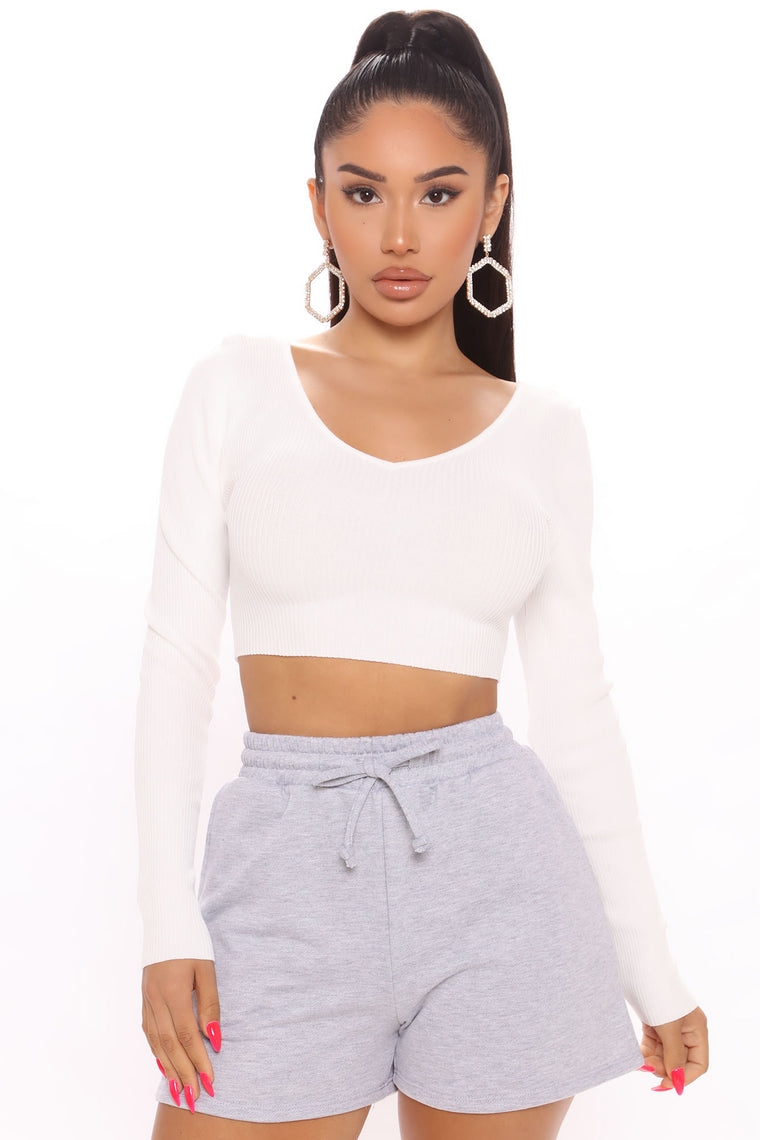 Gotta Keep It Simple V Neck Crop Top - White, Knit Tops | Fashion Nova