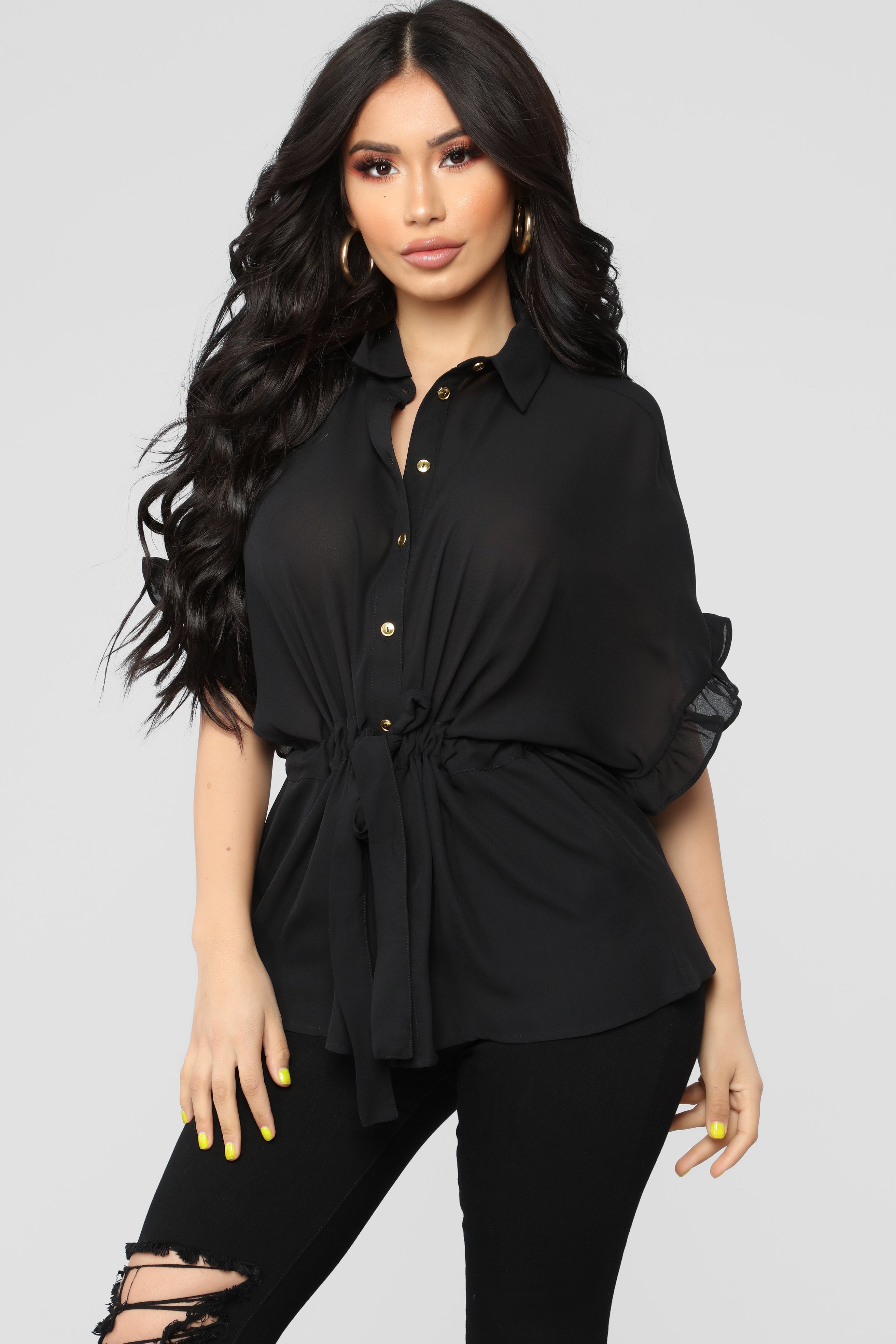 Ruffle Talk Button Down Shirt - Black – Fashion Nova