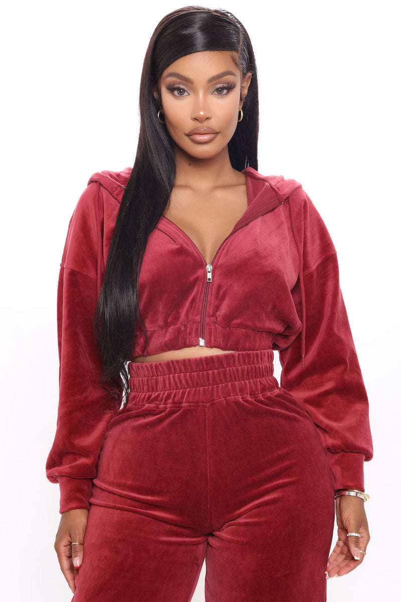 Drippin' In Chill Velour Crop Jacket And Pant Set - Burgundy | Fashion ...