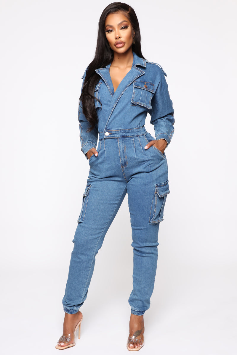 Not Worried About That Cargo Jumpsuit - Medium Blue Wash | Fashion Nova ...