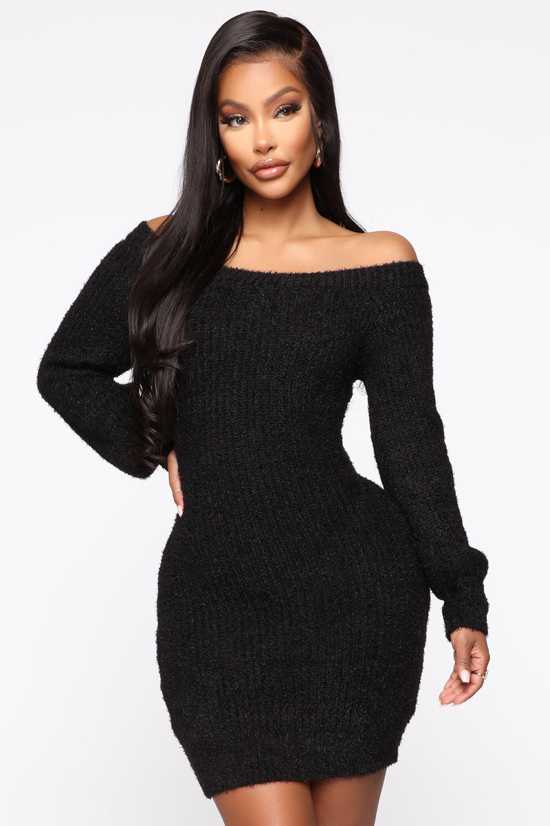 Bella Off Shoulder Sweater Dress - Black | Fashion Nova, Dresses ...