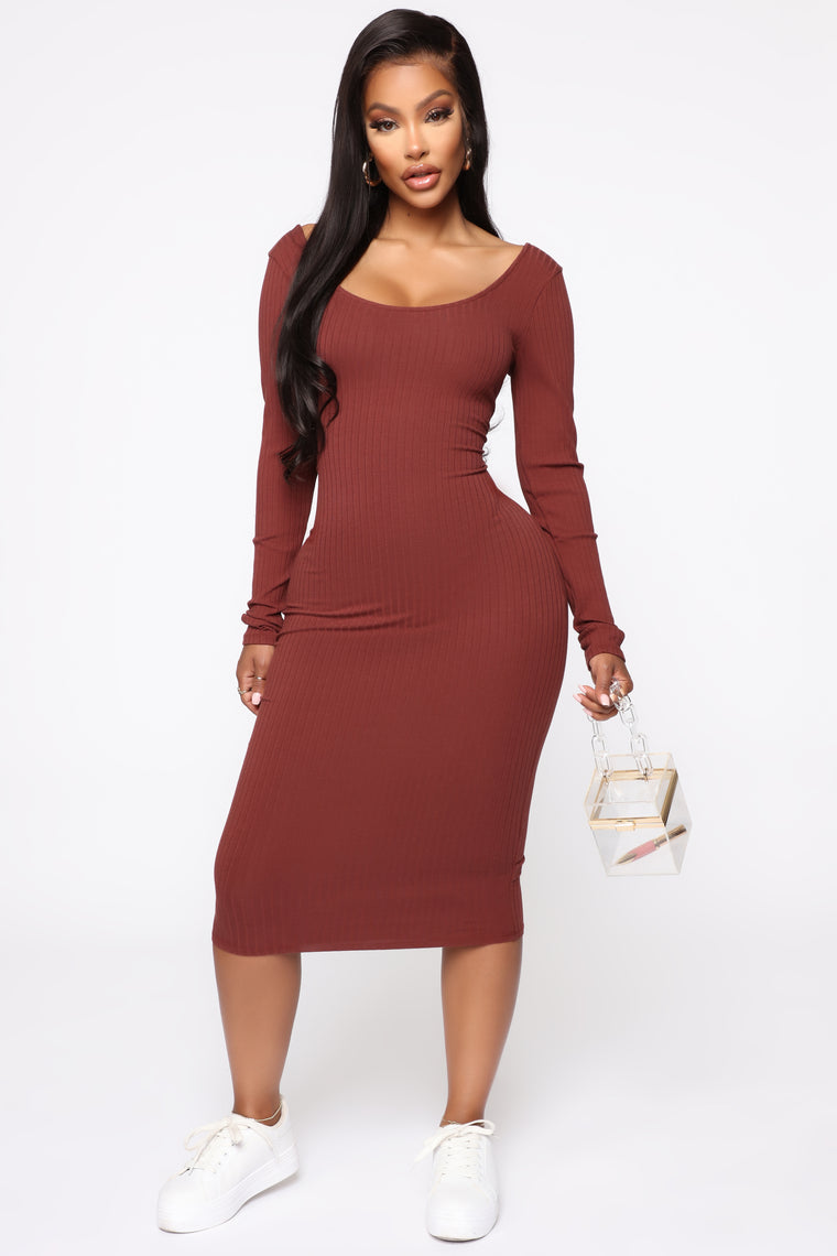 Whatever's Clever Ribbed Midi Dress - Brown, Dresses | Fashion Nova