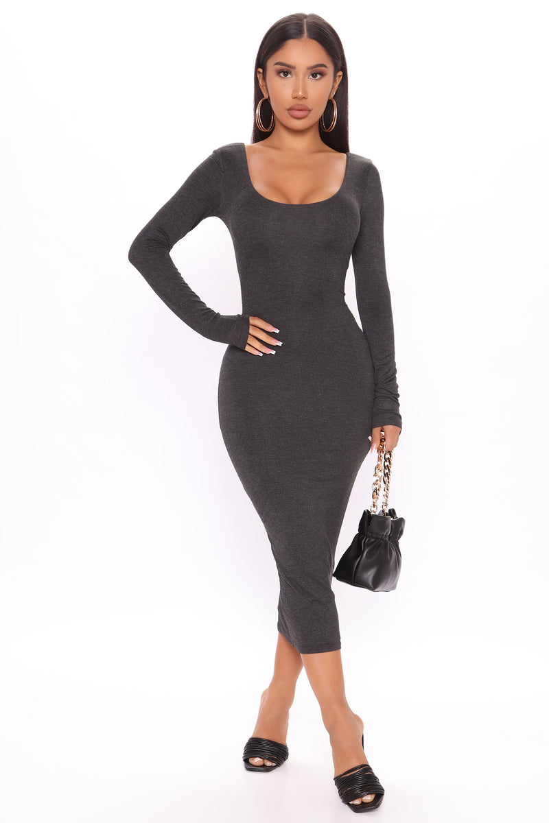 Your Needs Met Long Sleeve Midi Dress - Charcoal | Fashion Nova ...
