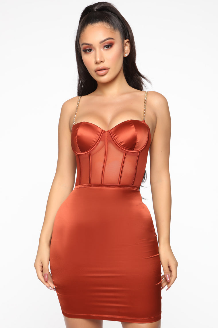 orange satin mini dress