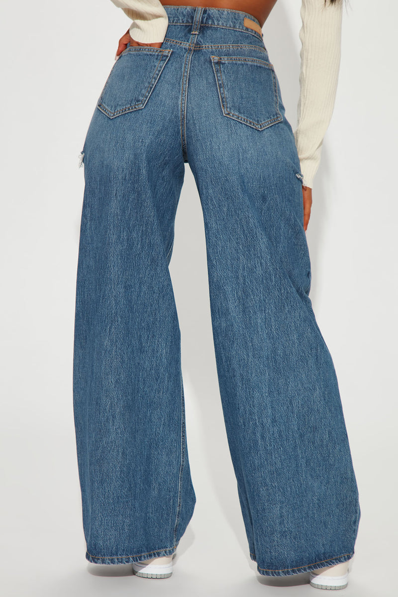 Souvenir Thigh Slice Baggy Jeans - Medium Blue Wash | Fashion Nova ...