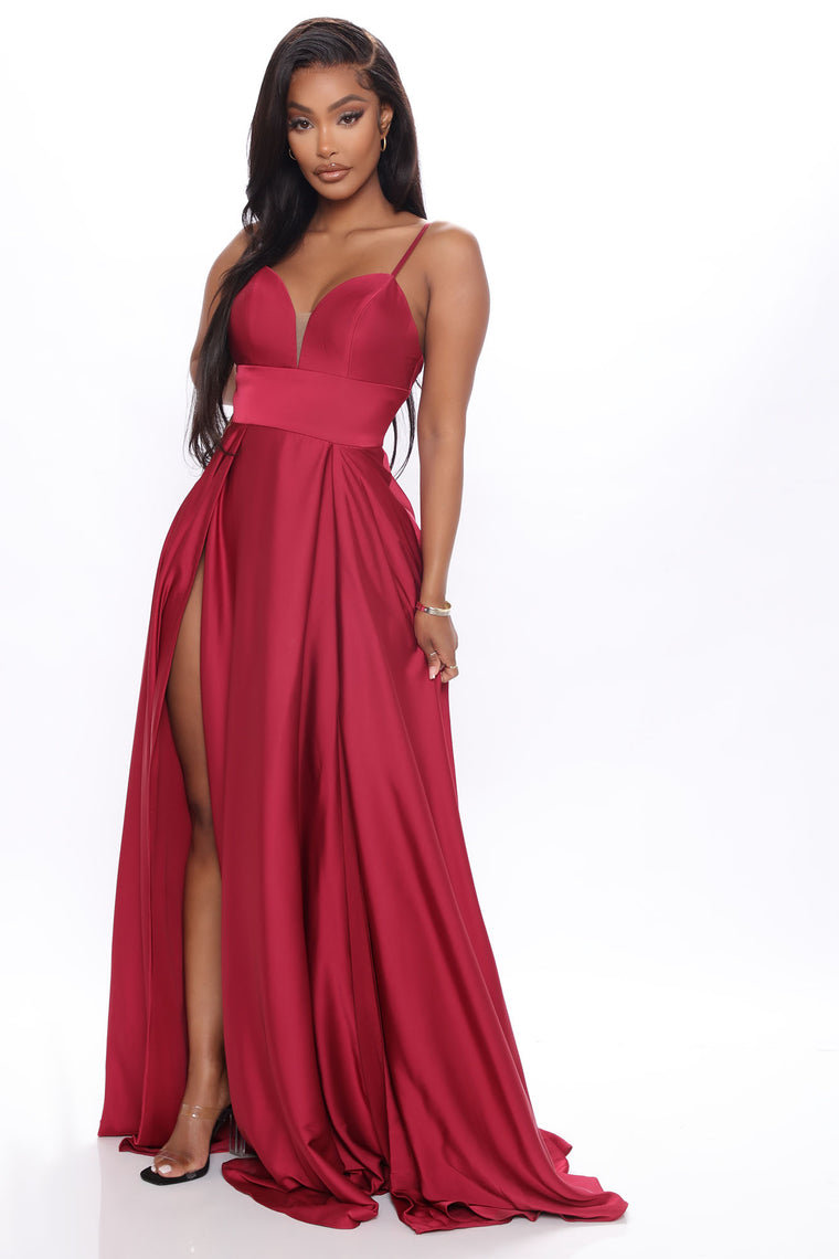 burgundy satin maxi dress