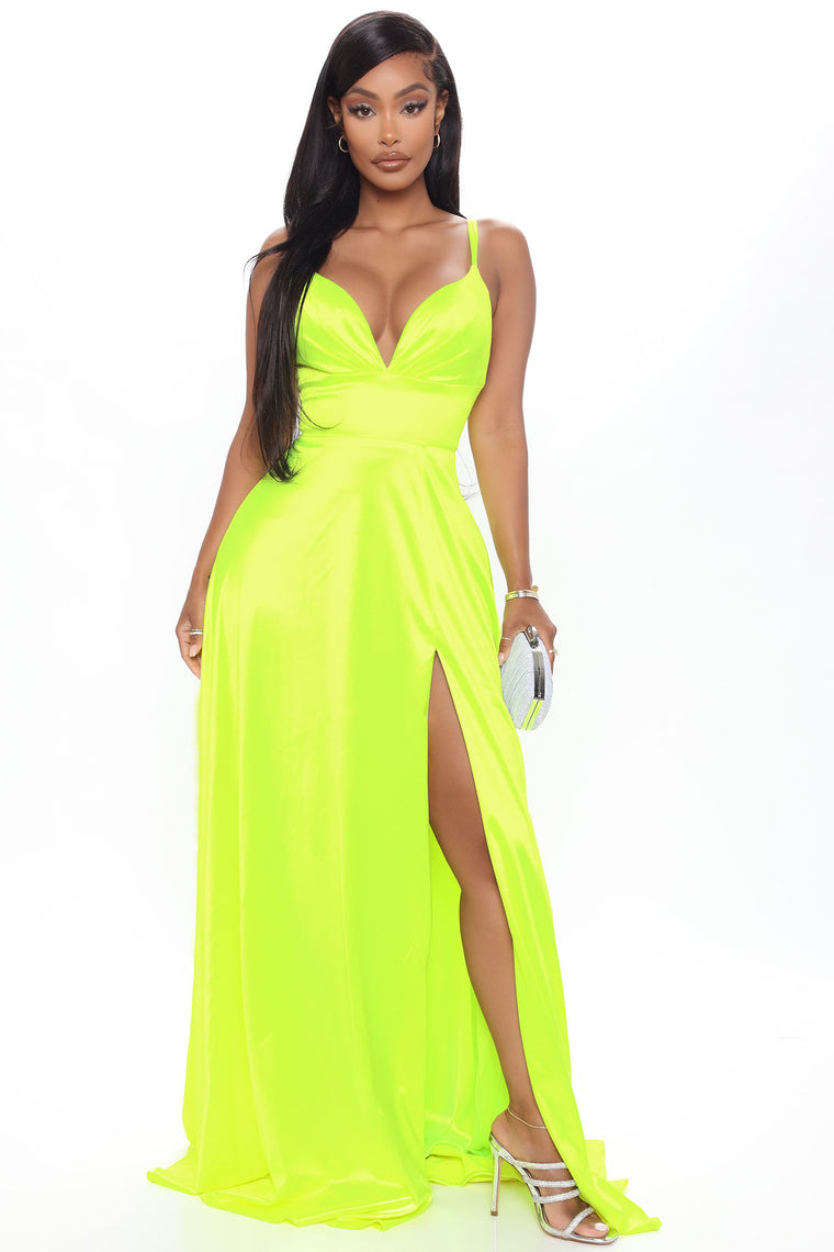 neon yellow satin dress