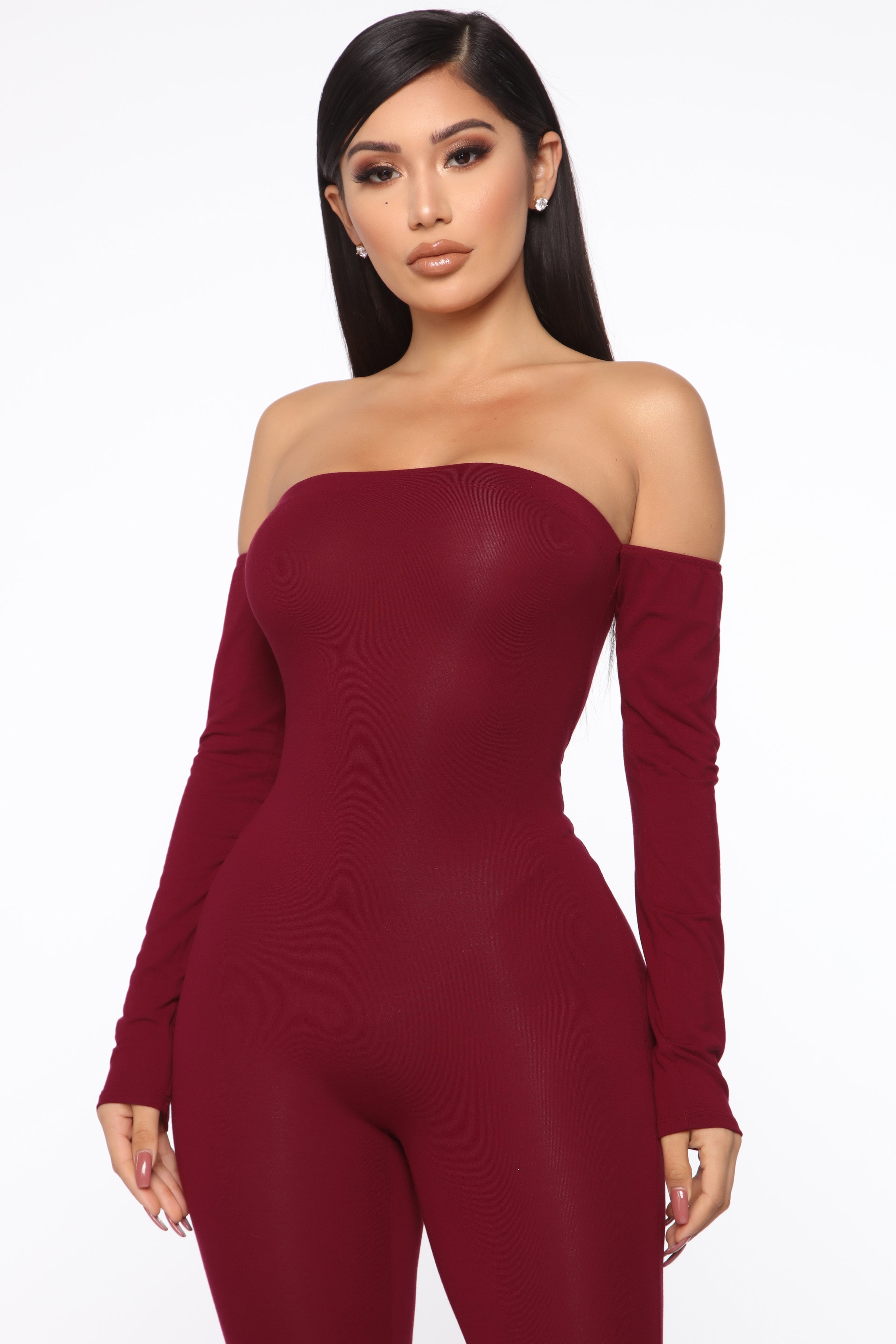 Soothe Off Shoulder Jumpsuit - Burgundy – Fashion Nova