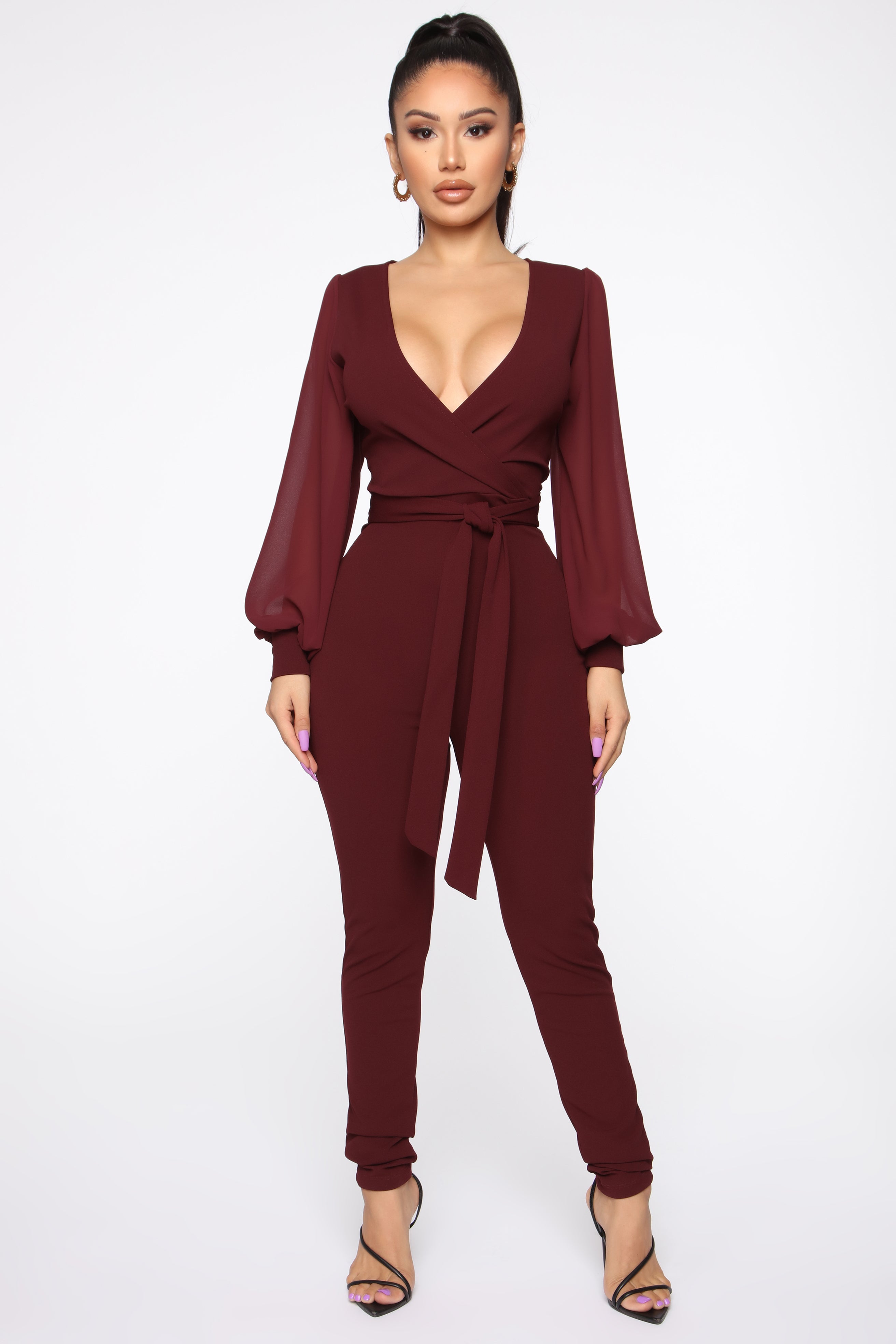 All About Me Balloon Sleeve Jumpsuit - Burgundy – Fashion Nova