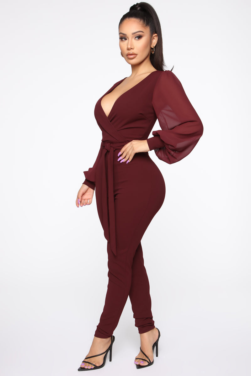 All About Me Balloon Sleeve Jumpsuit - Burgundy, Jumpsuits | Fashion Nova