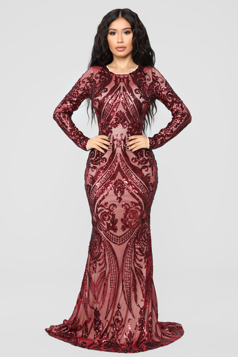 maroon sequin gown